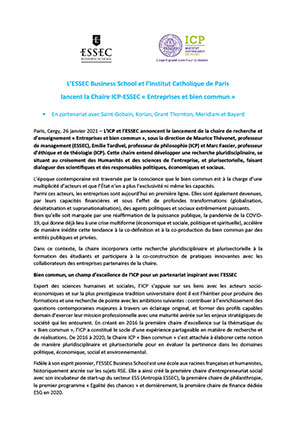 Lancement la Chaire ICP-ESSEC « Entreprises et bien commun »