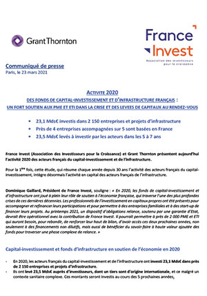 Activité 2020 des fonds de capital-investissement et d’infrastructure français