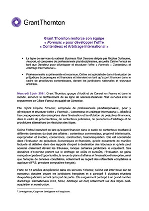 Grant Thornton renforce son équipe « Forensic » pour développer l’offre « Contentieux et Arbitrage International »