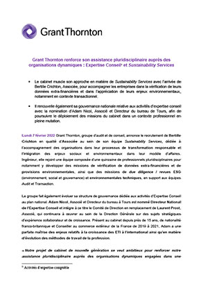 Grant Thornton renforce son assistance pluridisciplinaire auprès des organisations dynamiques : Expertise Conseil1 et Sustainability Services
