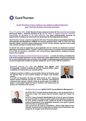 Grant Thornton France renforce ses métiers Audit et Advisory