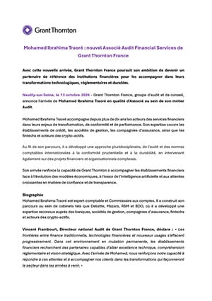 Mohamed Ibrahima Traoré : nouvel Associé Audit Financial Services de Grant Thornton France